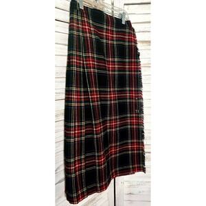 Vtg  Wool Plaid Skirt Red Tartan Kilt  Flat Front  24" Waist Pin Pleated Rear UK